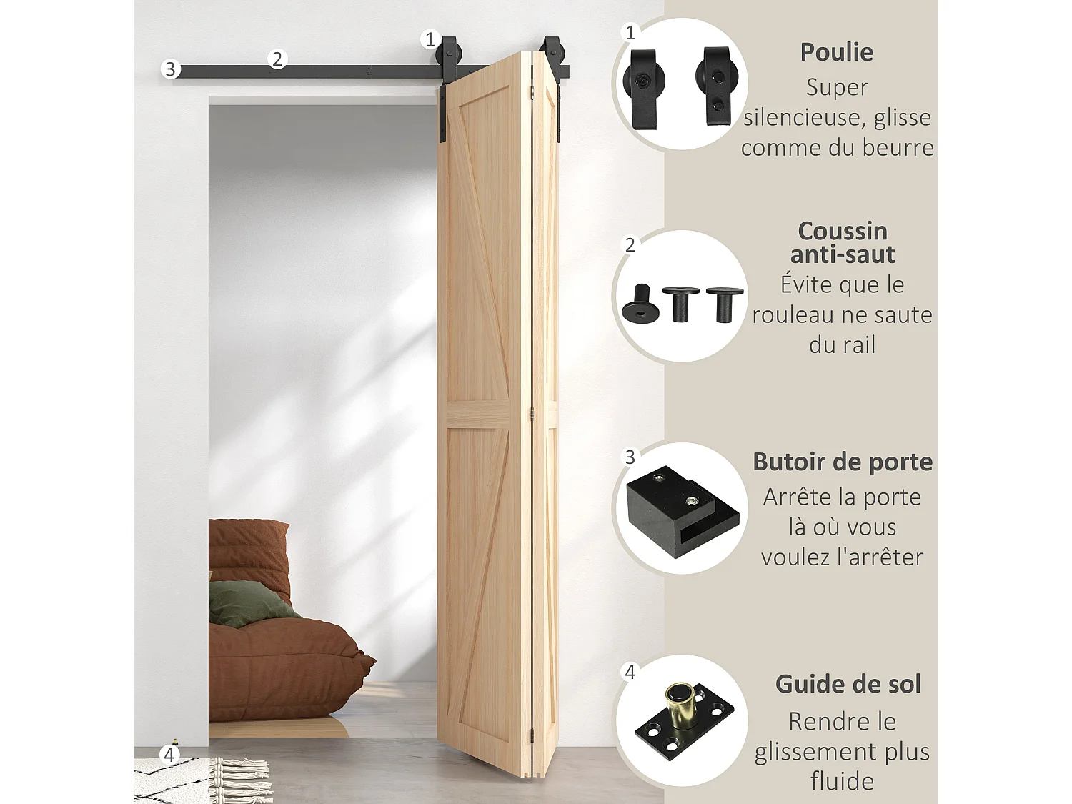 Kit de porte coulissante système galandage pour porte épaisseur 40-55 mm longueur rail 1,22 m charge max. 90 Kg acier au carbone noir