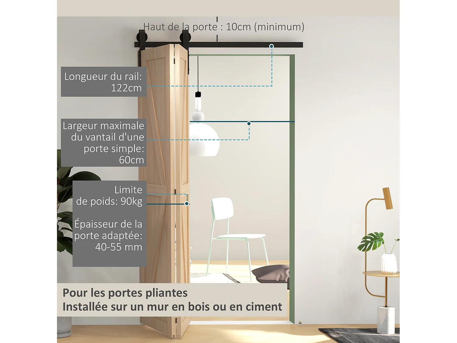 Kit de porte coulissante système galandage pour porte épaisseur 40-55 mm longueur rail 1,22 m charge max. 90 Kg acier au carbone noir