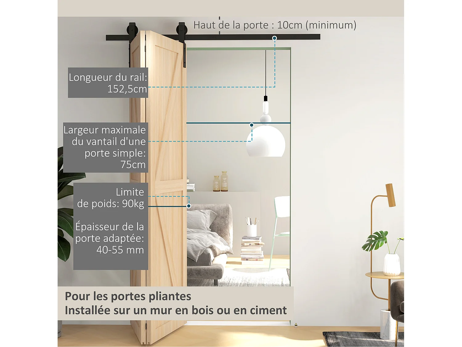 Kit de porte coulissante système galandage pour porte épaisseur 40-55 mm longueur rail 1,52 m charge max. 90 Kg acier au carbone noir