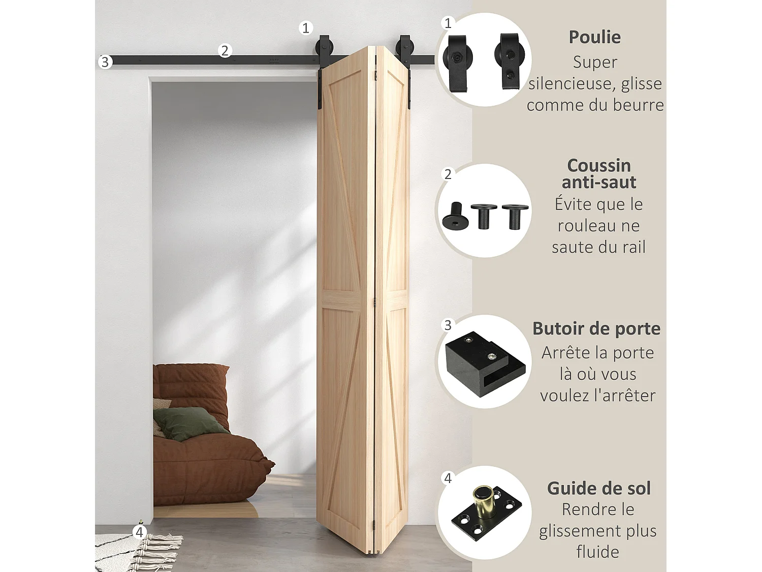 Kit de porte coulissante système galandage pour porte épaisseur 40-55 mm longueur rail 1,52 m charge max. 90 Kg acier au carbone noir