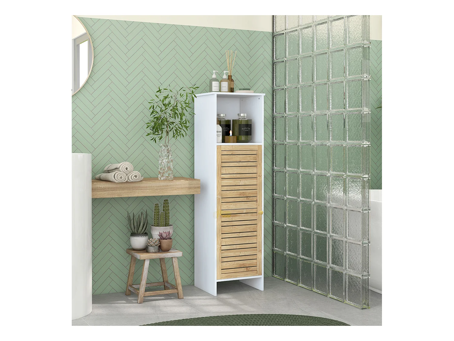 Meuble colonne salle de bain style cosy chic porte étagère niche blanc bambou