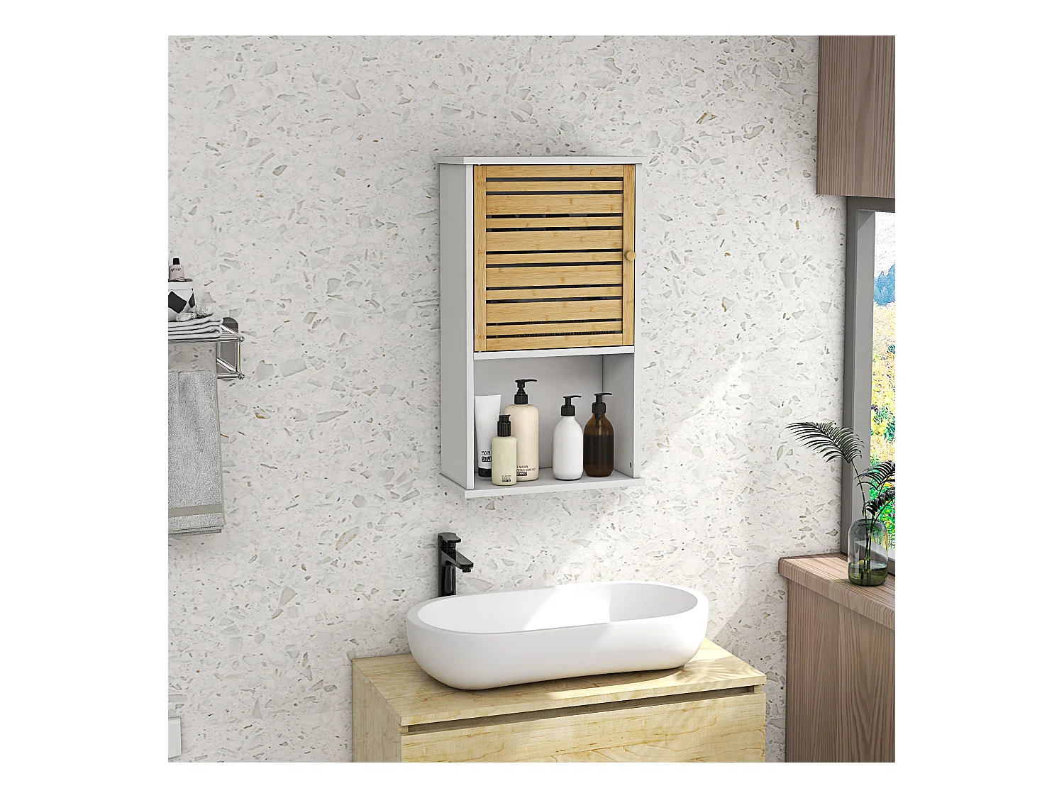 Armoire murale salle de bain style cosy chic - porte, étagère, niche - blanc bambou
