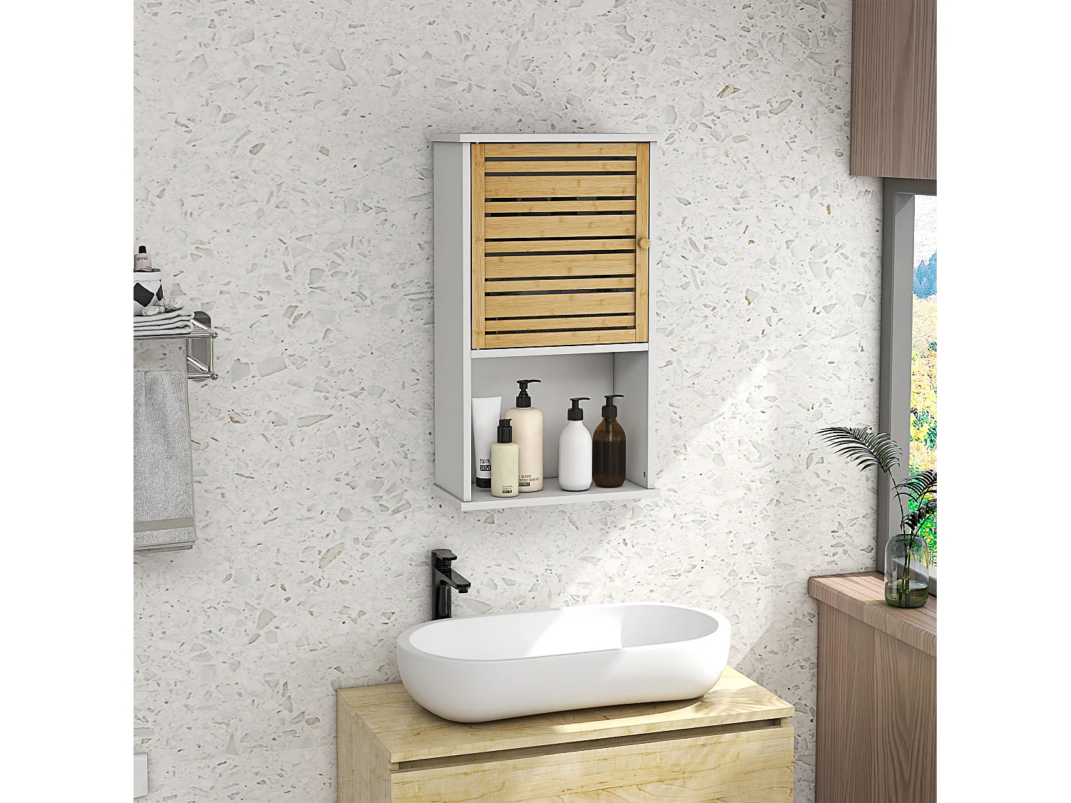 Armoire murale salle de bain style cosy chic - porte, étagère, niche - blanc bambou