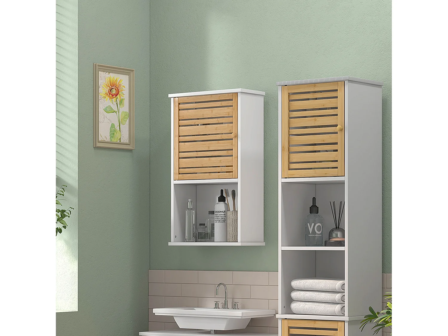 Armoire murale salle de bain style cosy chic - porte, étagère, niche - blanc bambou