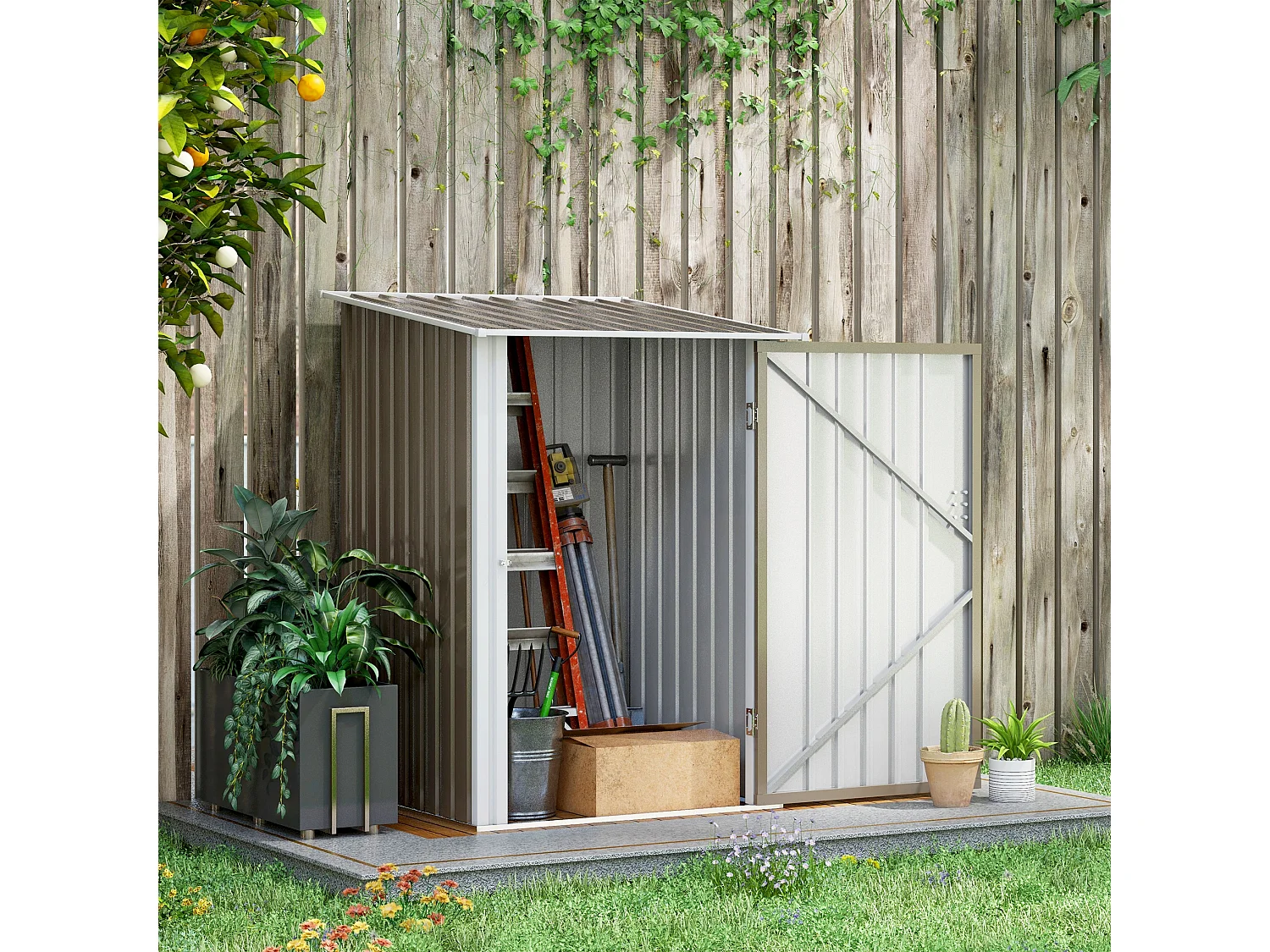 Abri de jardin - remise pour outils - cabanon porte verrouillable - dim. 1L x 1,03l x 1,6H m - tôle d'acier ondulée taupe