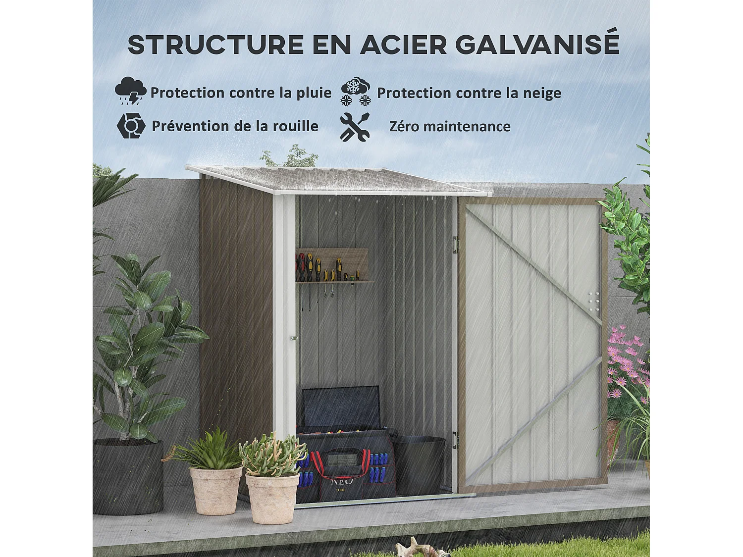 Abri de jardin - remise pour outils - cabanon porte verrouillable - dim. 1L x 1,03l x 1,6H m - tôle d'acier ondulée taupe