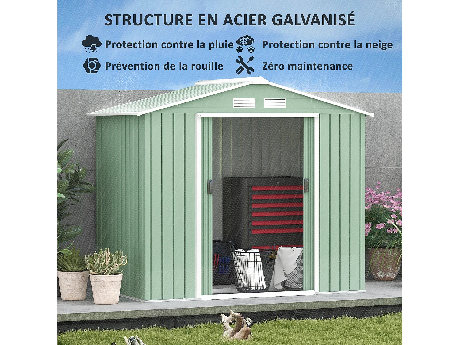 Abri de jardin - remise pour outils - cabanon porte verrouillable - dim. 213L x 130l x 185H cm - tôle d'acier vert pastel