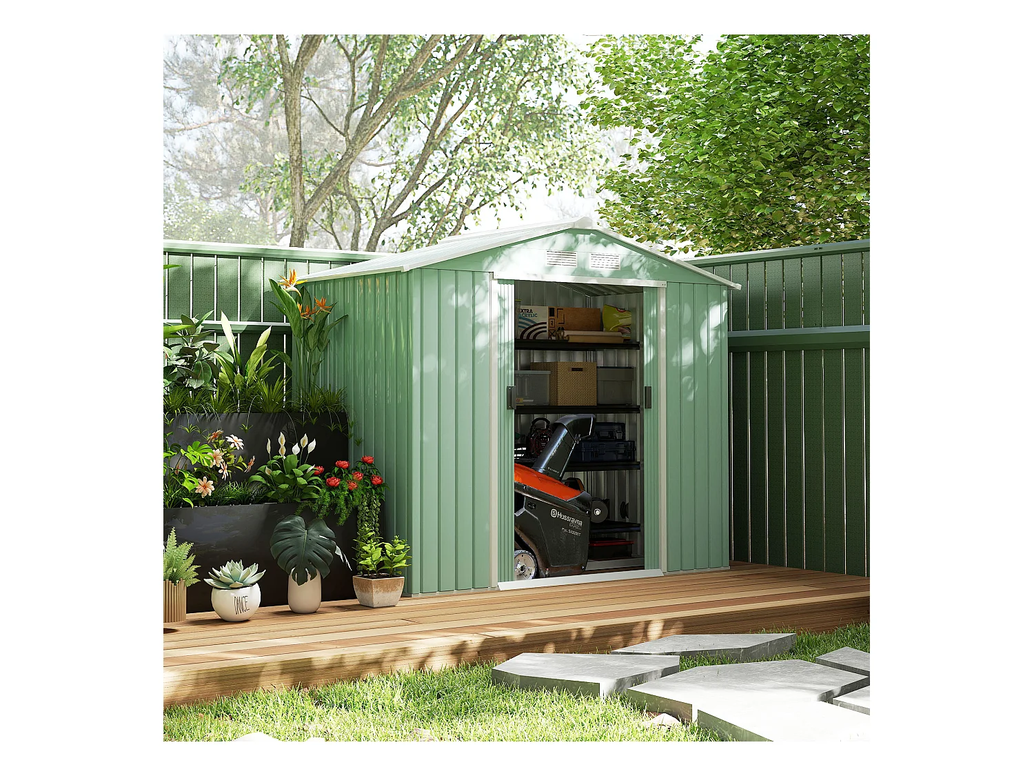 Abri de jardin - remise pour outils - cabanon porte verrouillable - dim. 213L x 130l x 185H cm - tôle d'acier vert pastel