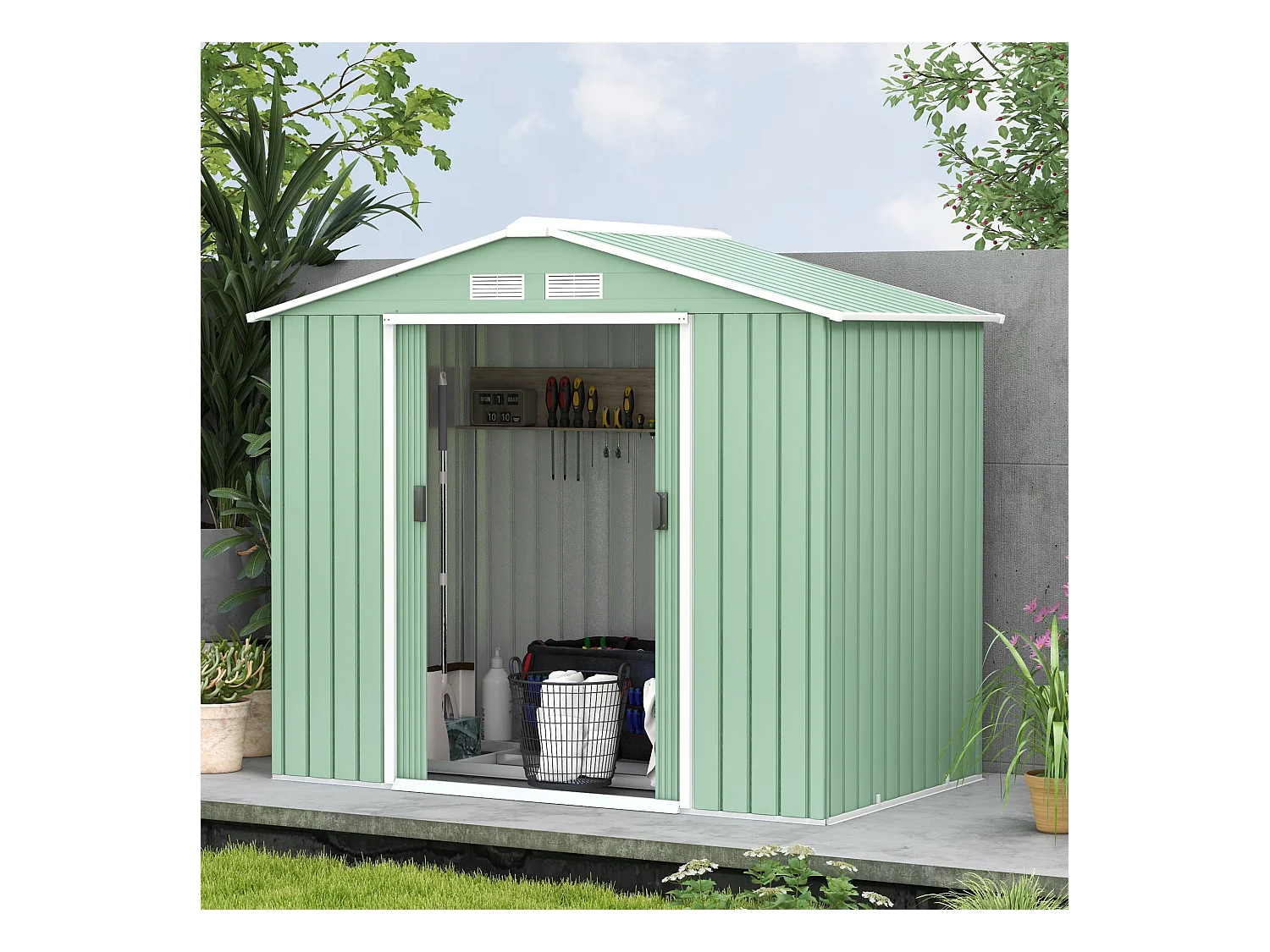 Abri de jardin - remise pour outils - cabanon porte verrouillable - dim. 213L x 130l x 185H cm - tôle d'acier vert pastel