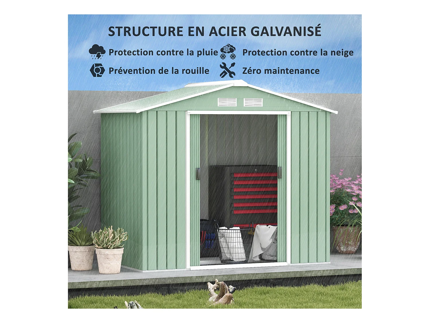 Abri de jardin - remise pour outils - cabanon porte verrouillable - dim. 213L x 130l x 185H cm - tôle d'acier vert pastel
