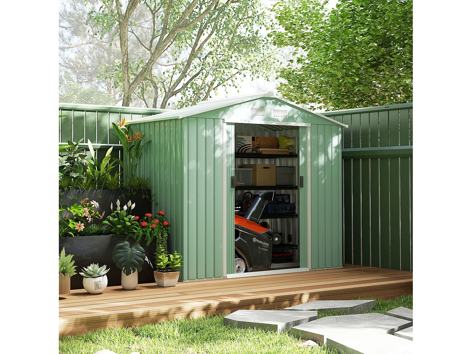 Abri de jardin - remise pour outils - cabanon porte verrouillable - dim. 213L x 130l x 185H cm - tôle d'acier vert pastel