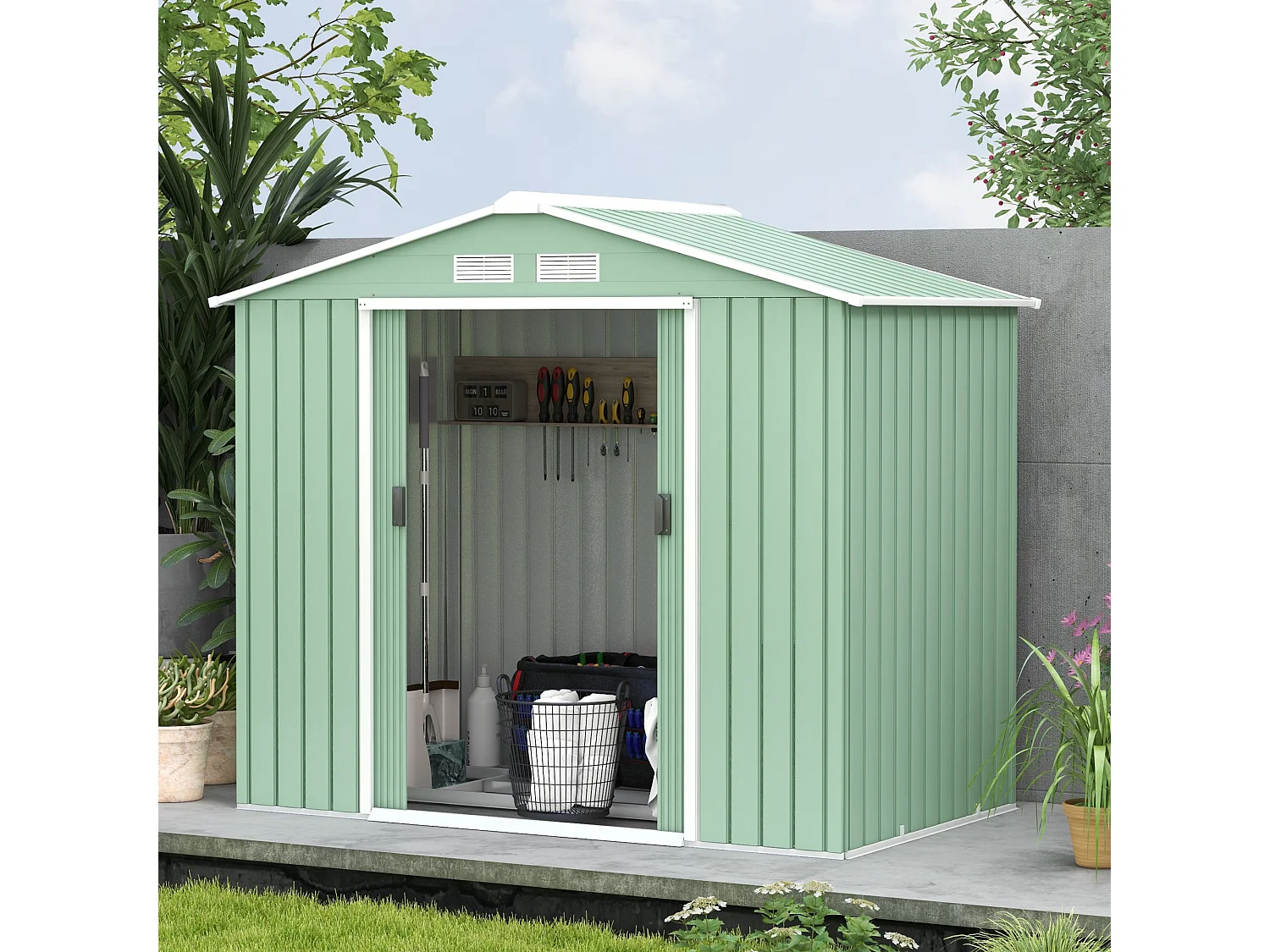 Abri de jardin - remise pour outils - cabanon porte verrouillable - dim. 213L x 130l x 185H cm - tôle d'acier vert pastel