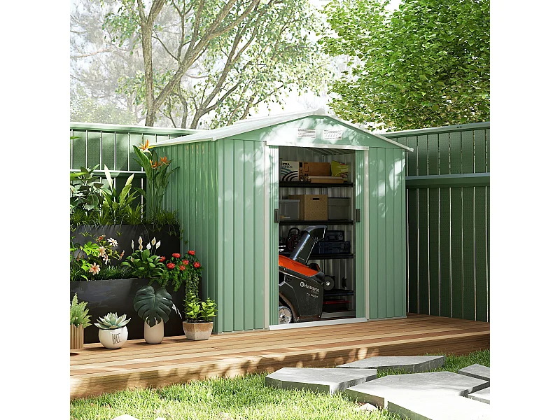 Abri de jardin - remise pour outils - cabanon porte verrouillable - dim. 213L x 130l x 185H cm - tôle d'acier vert pastel