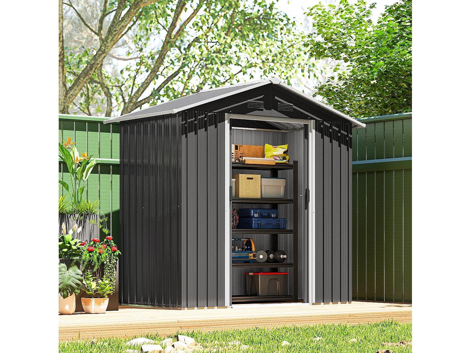 Abri de jardin - remise pour outils - cabanon porte verrouillable - dim. 194L x 110l x 184H cm - tôle d'acier anthracite