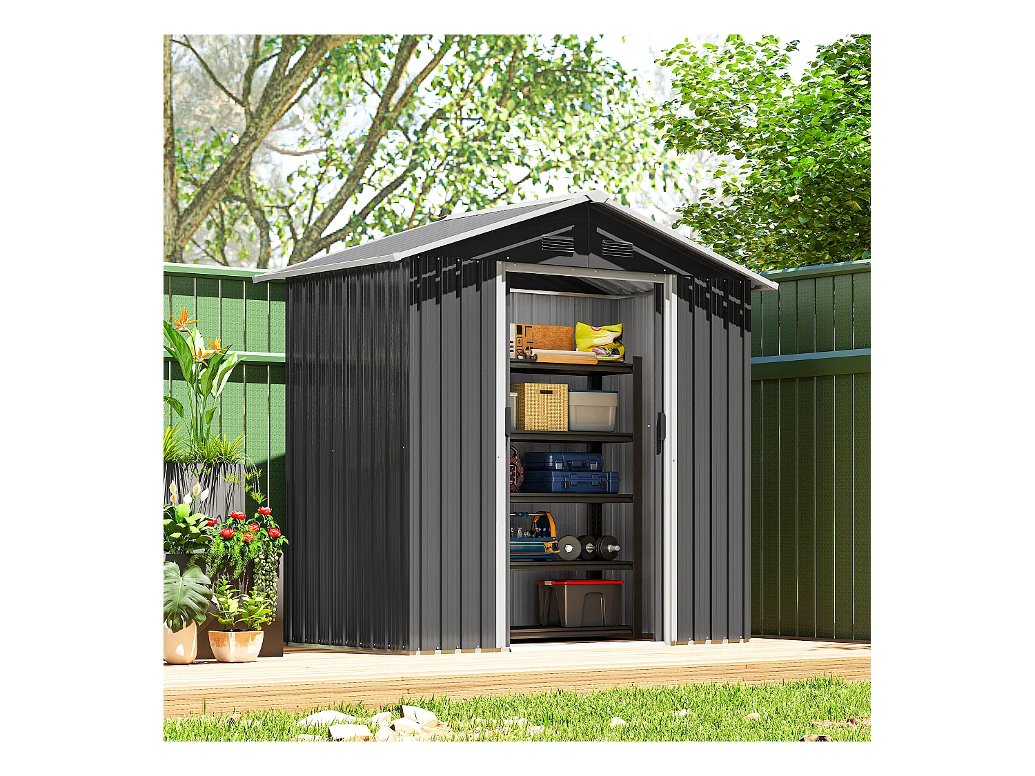 Abri de jardin - remise pour outils - cabanon porte verrouillable - dim. 194L x 110l x 184H cm - tôle d'acier anthracite