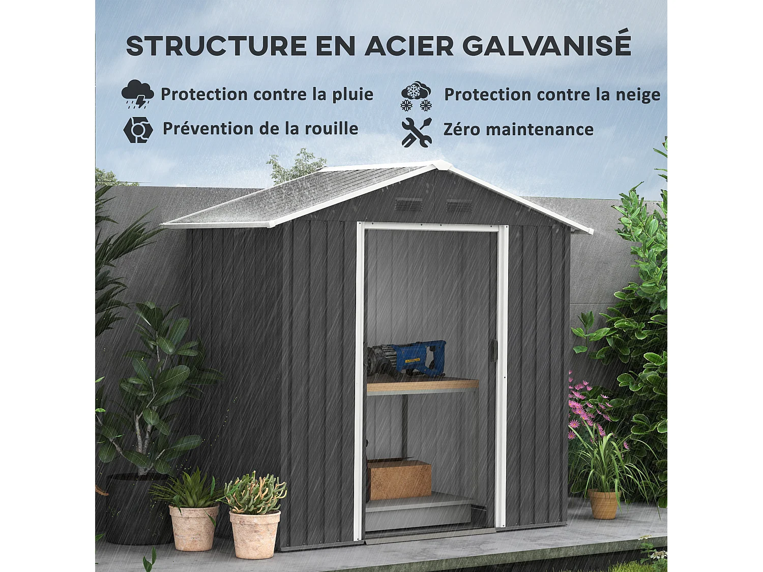 Abri de jardin - remise pour outils - cabanon porte verrouillable - dim. 194L x 110l x 184H cm - tôle d'acier anthracite