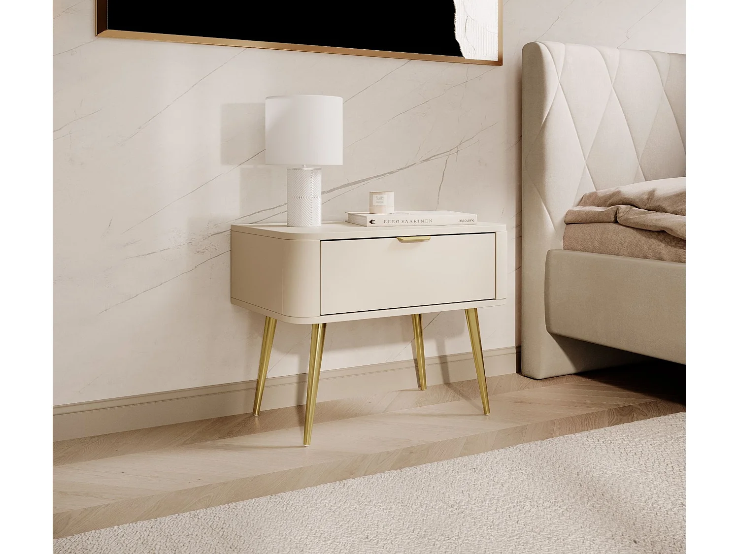 Table de chevet - avec tiroir - 63 cm - beige- OVAL