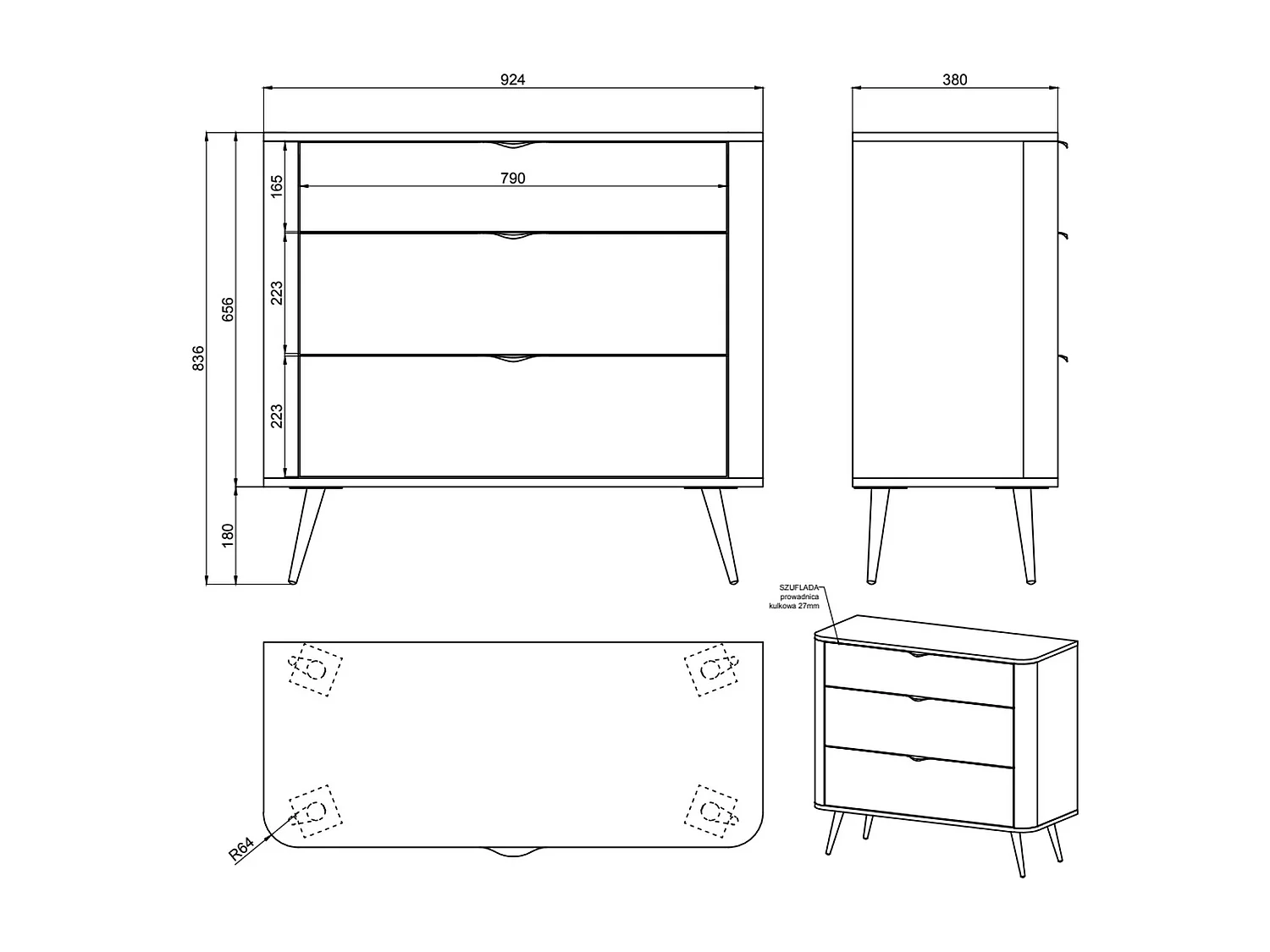 Kommode mit 3 Schubladen - Weiß - 92 cm - OVAL