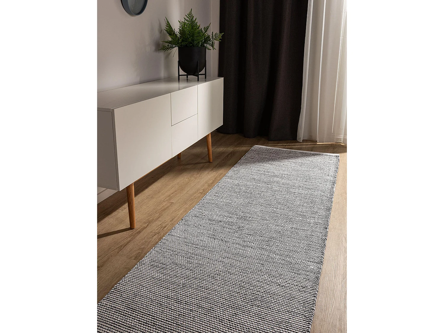 Tapis de couloir en coton tissé main Ron Blanc/Noir 70x200 cm