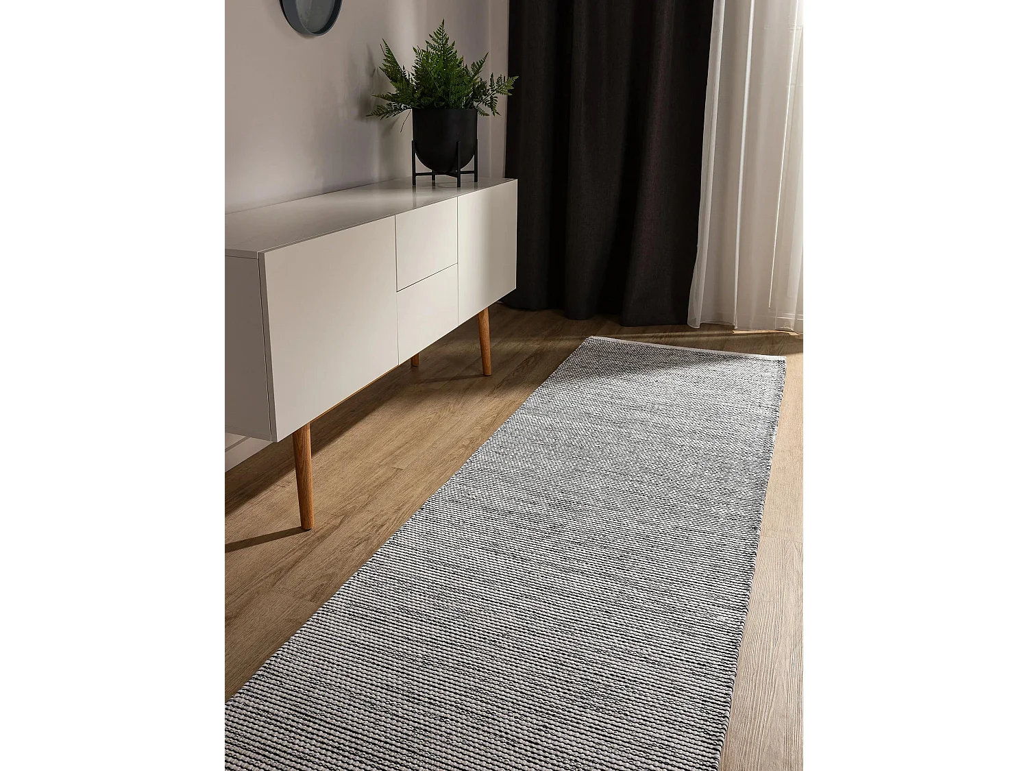 Tapis de couloir en coton tissé main Ron Blanc/Noir 80x300 cm