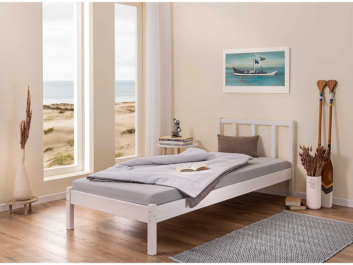 Lit pour enfant en bois coloris blanc,  couchage 90 x 200  - longueur  208 x profondeur 96 x hauteur 80 cm