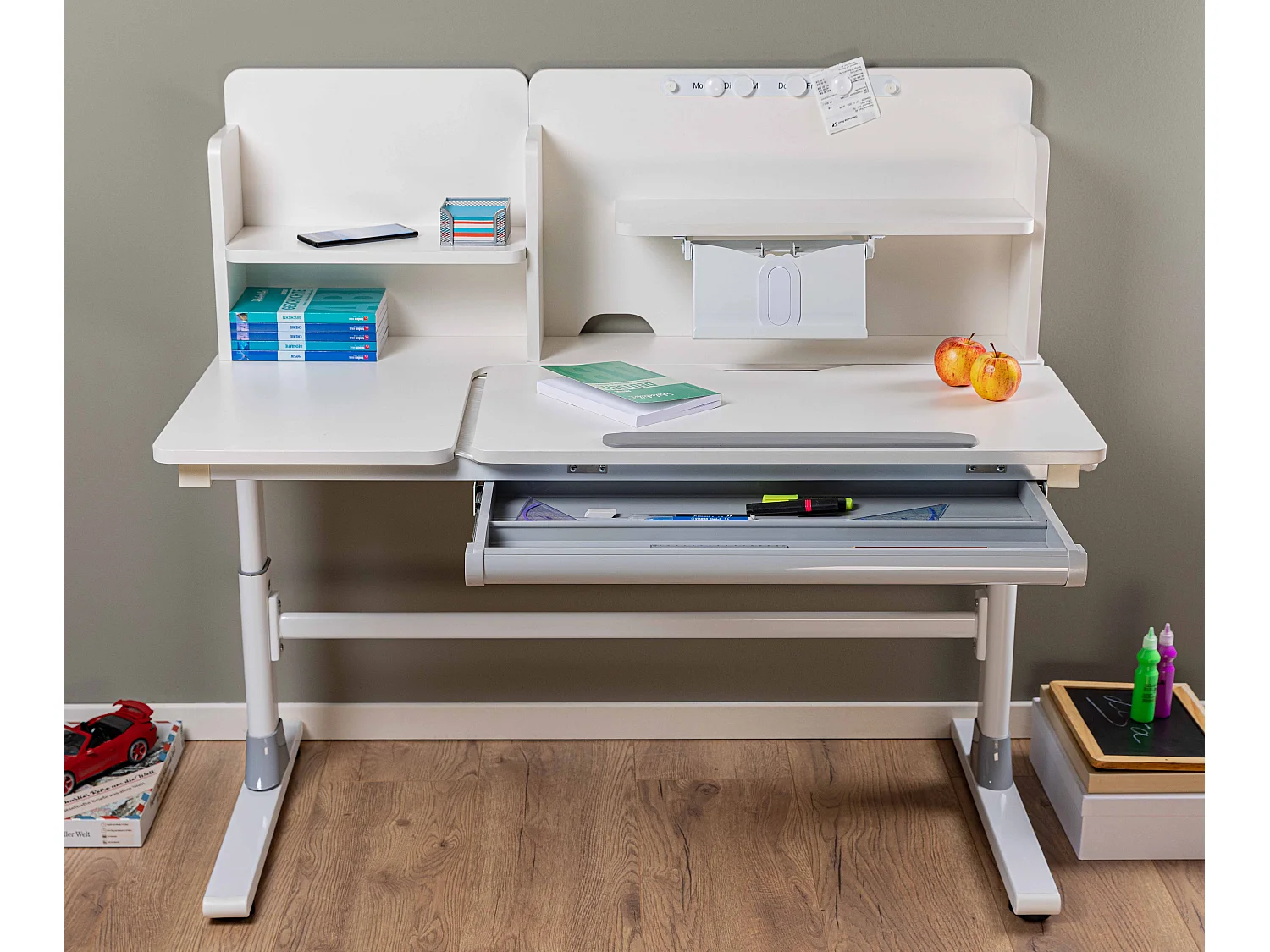 Meuble du bureau, bureau pour enfant réglable en hauteur en bois coloris Blanc - longueur 120 x profondeur 60 x hauteur 96/116 cm