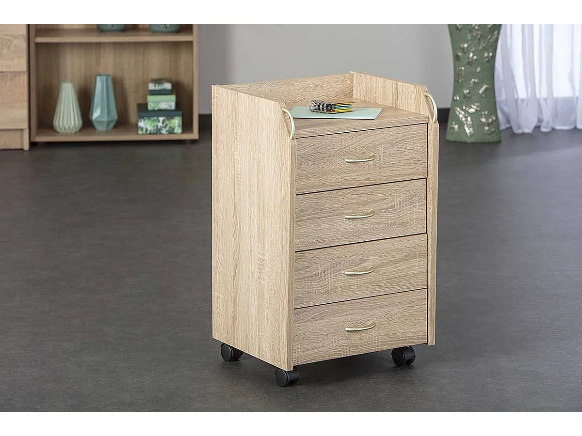 Caisson de bureau en bois coloris imitation Chêne sonoma avec 4 tiroirs  - longueur 40 x profondeur 36 x hauteur 65 cm