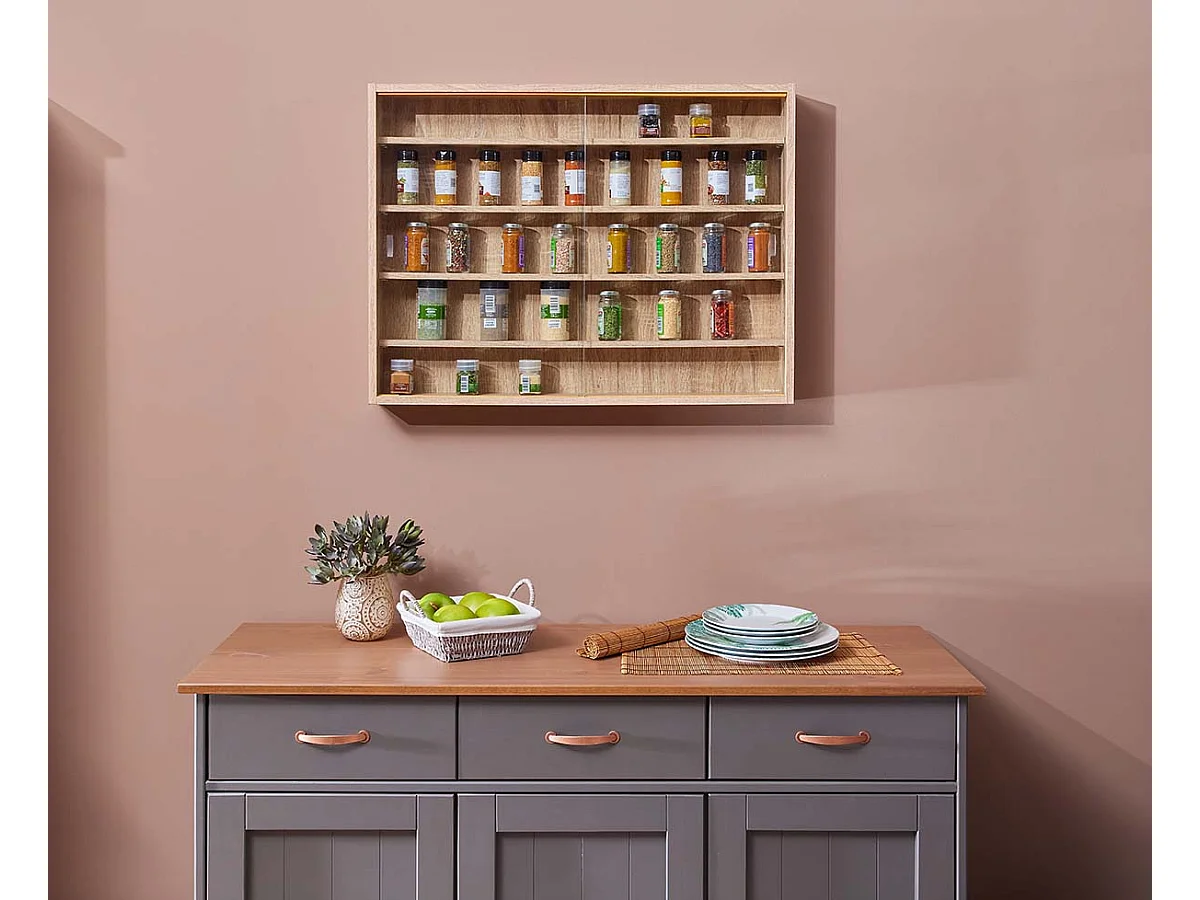 Vitrine murale, étagère murale avec 5 tablettes en bois coloris imitation chêne artisan - longueur 80 x profondeur 9,5 x hauteur 60 cm