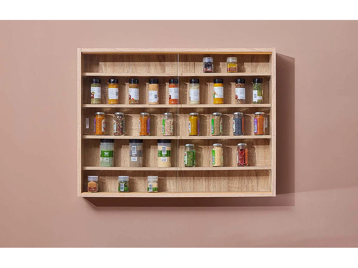 Vitrine murale, étagère murale avec 5 tablettes en bois coloris imitation chêne artisan - longueur 80 x profondeur 9,5 x hauteur 60 cm