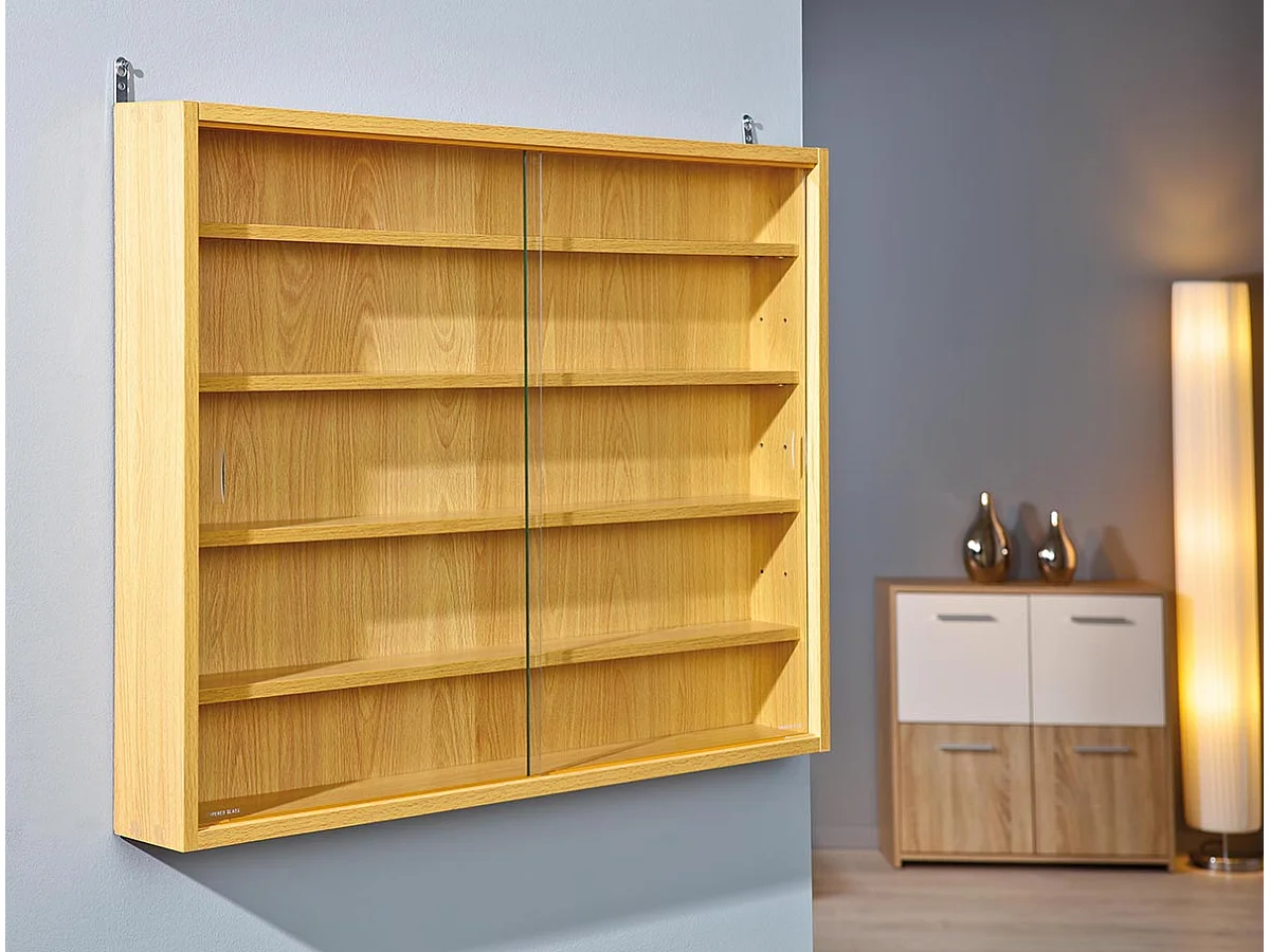 Vitrine murale, étagère murale en bois coloris imitation hêtre  - longueur 80 x profondeur 9,5 x hauteur 60 cm