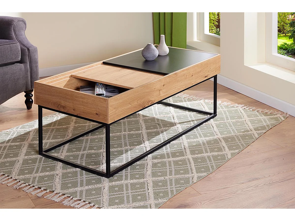 Table basse, table de salon avec plateaux coulissants coloris imitation Chêne Artisan, pieds en métal noir  - longueur 110 x profondeur 50 x hauteur 40 cm