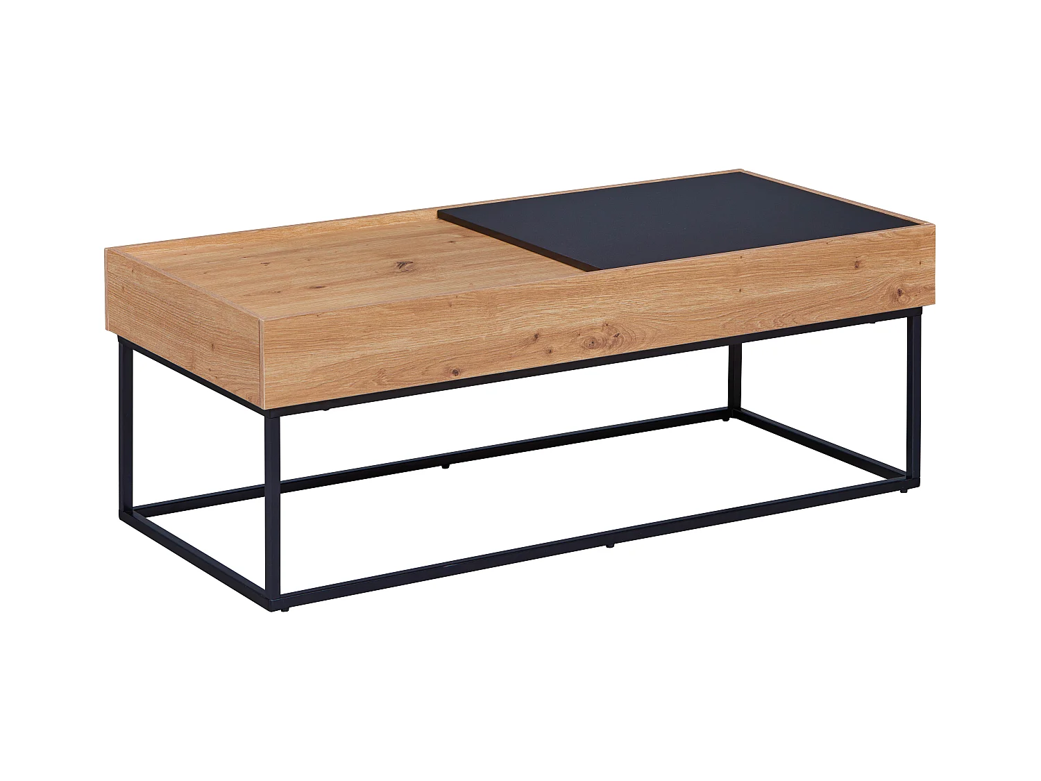 Table basse, table de salon avec plateaux coulissants coloris imitation Chêne Artisan, pieds en métal noir  - longueur 110 x profondeur 50 x hauteur 40 cm