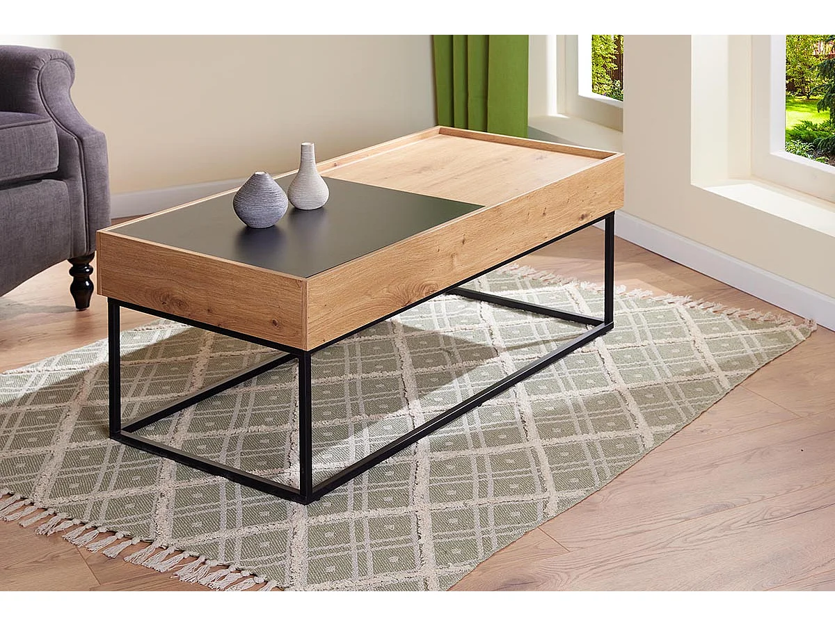 Table basse, table de salon avec plateaux coulissants coloris imitation Chêne Artisan, pieds en métal noir  - longueur 110 x profondeur 50 x hauteur 40 cm