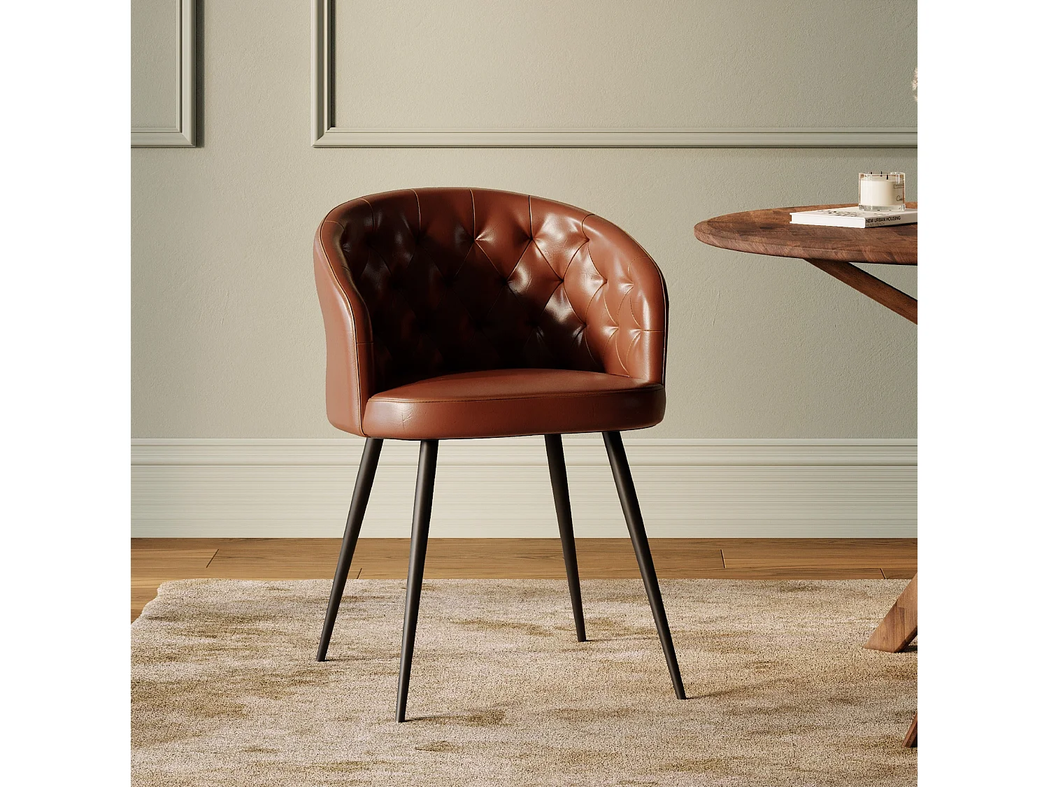 Chaise en cuir de buffle marron et pieds en métal noir - Anatole