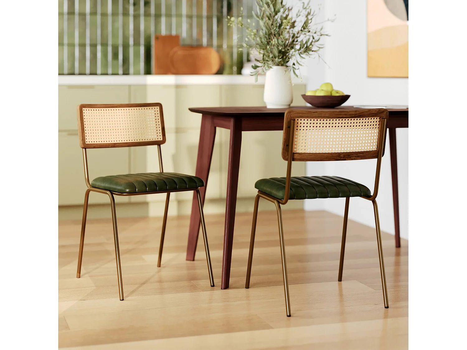 Lot de 2 chaises en cannage et cuir vert - Arsène