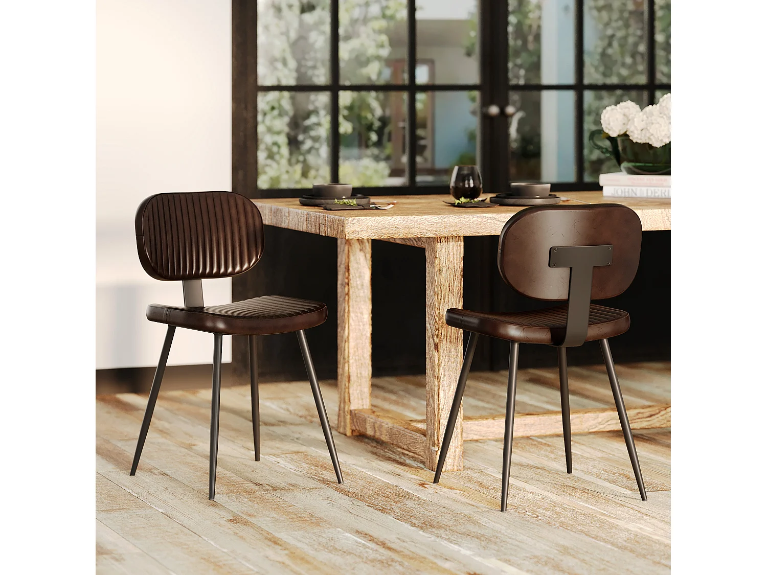 Lot de 2 chaises en cuir marron et pieds en métal noir - Clovis