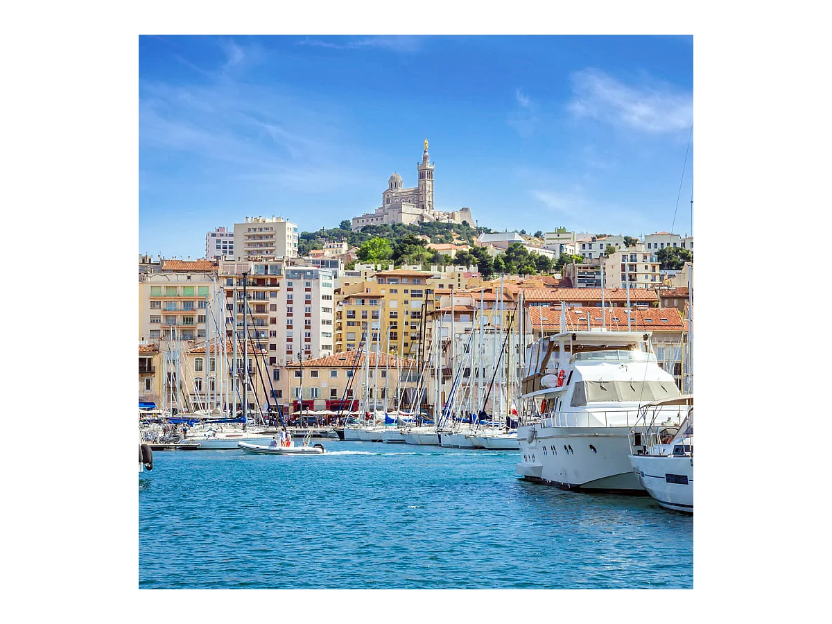 Tableau sur toile Notre-Dame-de-la-Garde depuis le port de Marseille 45x45 cm