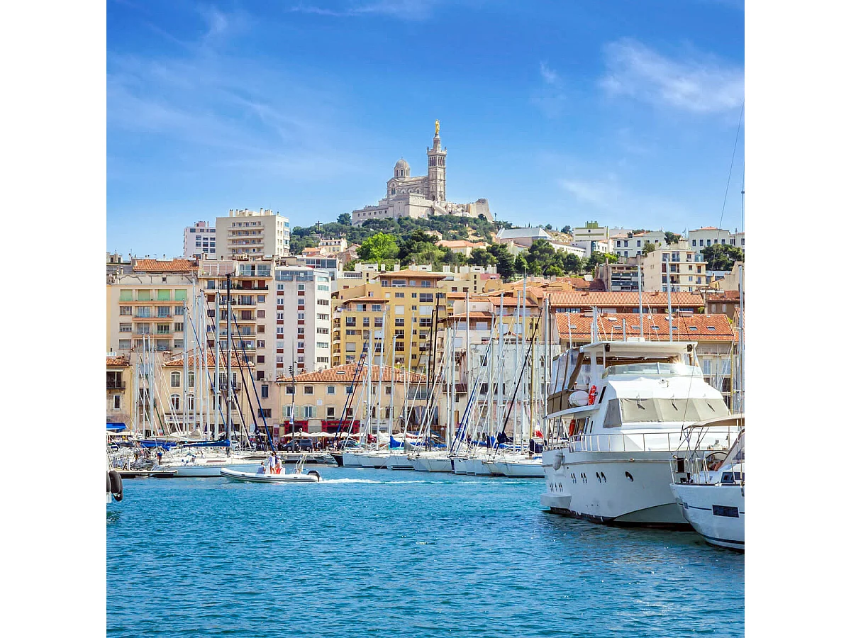 Tableau sur toile Notre-Dame-de-la-Garde depuis le port de Marseille 30x30 cm