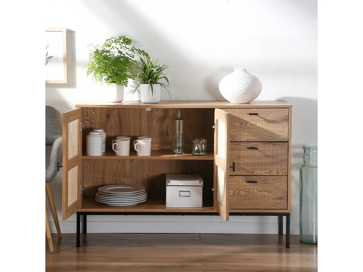 Buffet 2 portes et 3 tiroirs en rotin L120 cm - JAYA