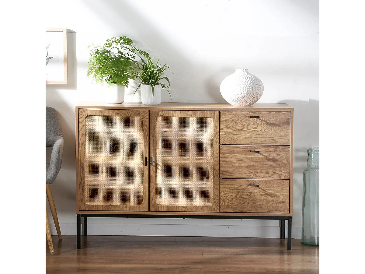 Sideboard mit 2 Türen und 3 Schubladen aus Rattan L120 cm - JAYA
