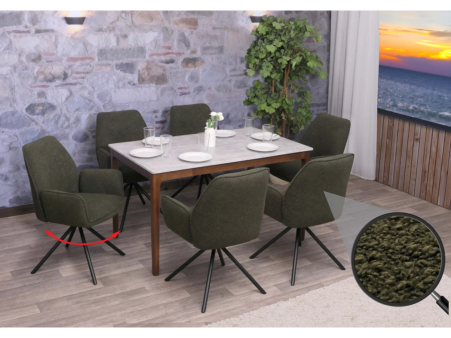 Silla de comedor MCW-G67 Bouclé (set de 6),  verde oliva