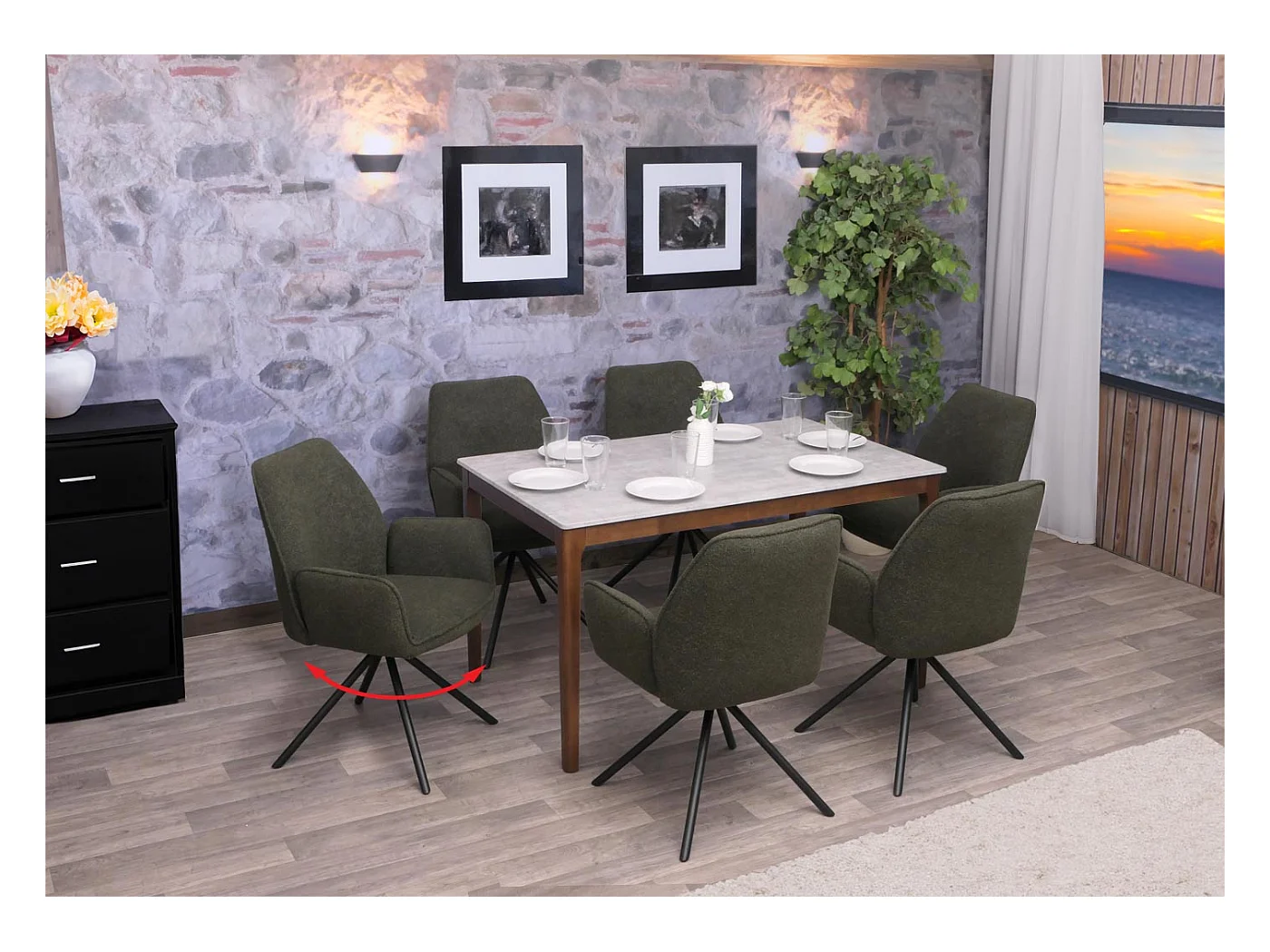 Eetkamerstoel MCW-G67 Bouclé (set van 6),  olijfgroen