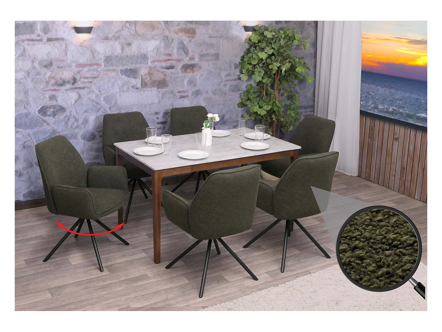 Eetkamerstoel MCW-G67 Bouclé (set van 6),  olijfgroen