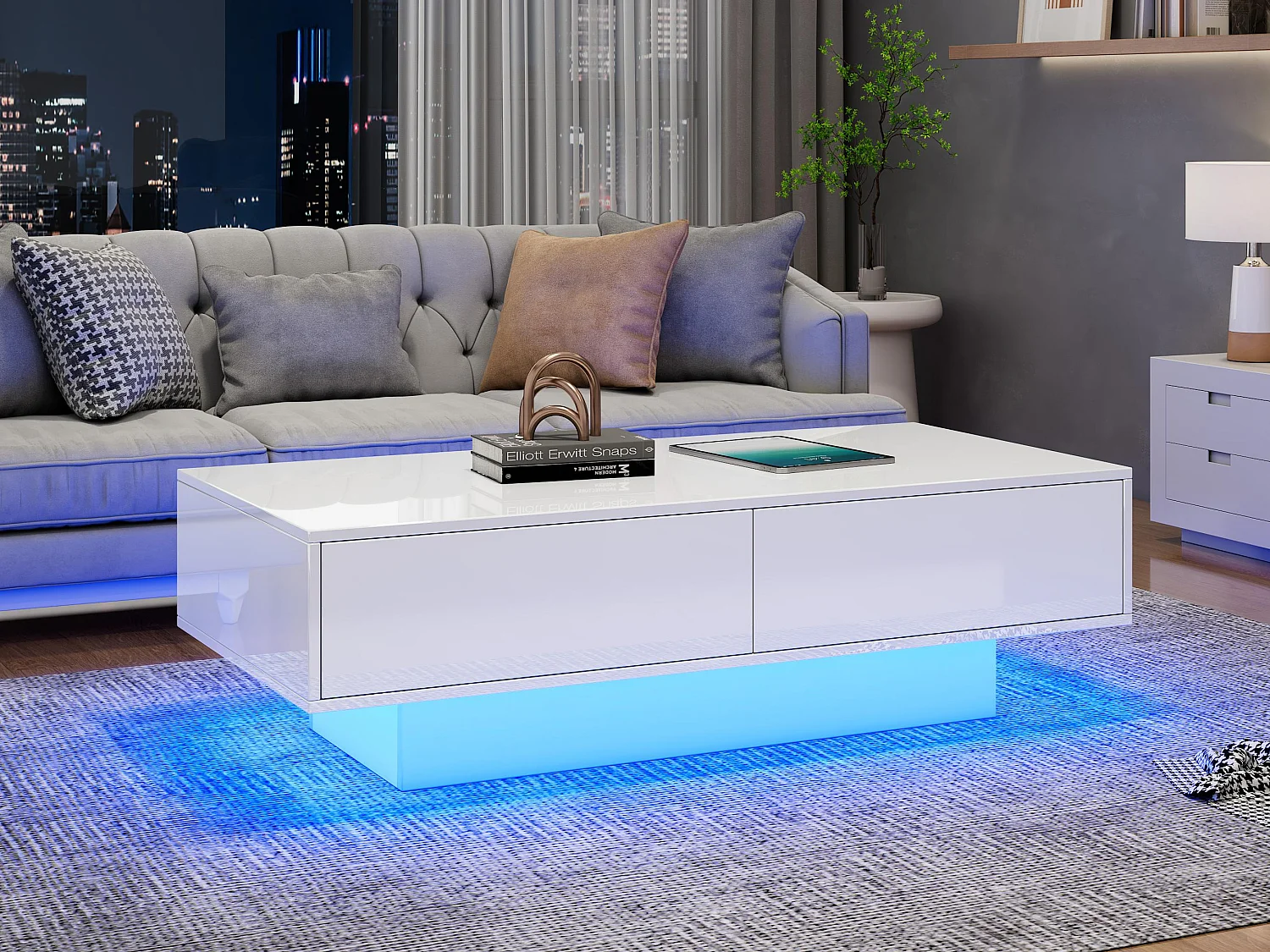Mesa de centro moderna com LED - 2 gavetas - Branco