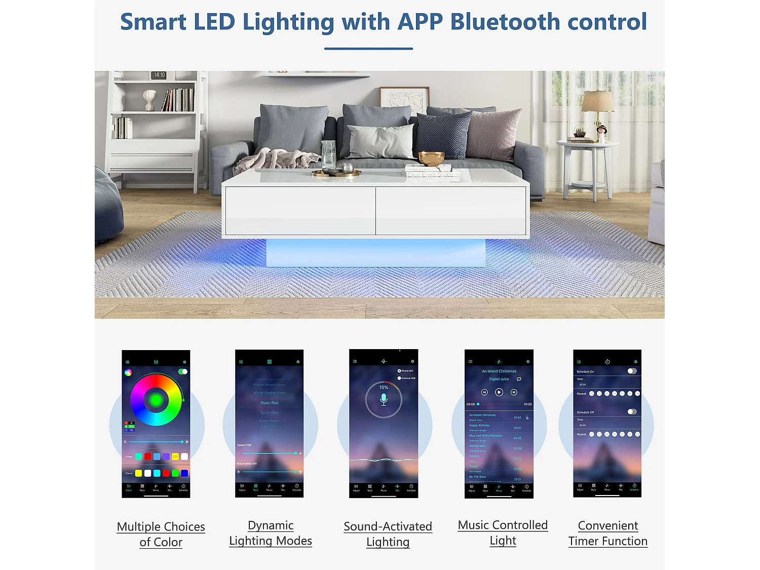 Mesa de centro moderna com LED - 2 gavetas - Branco