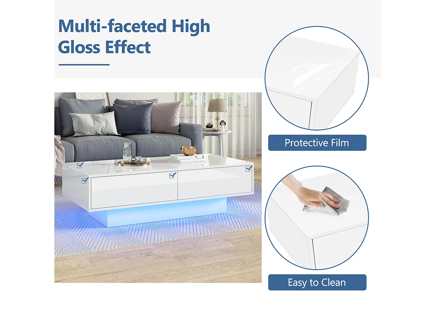 Mesa de centro moderna com LED - 2 gavetas - Branco