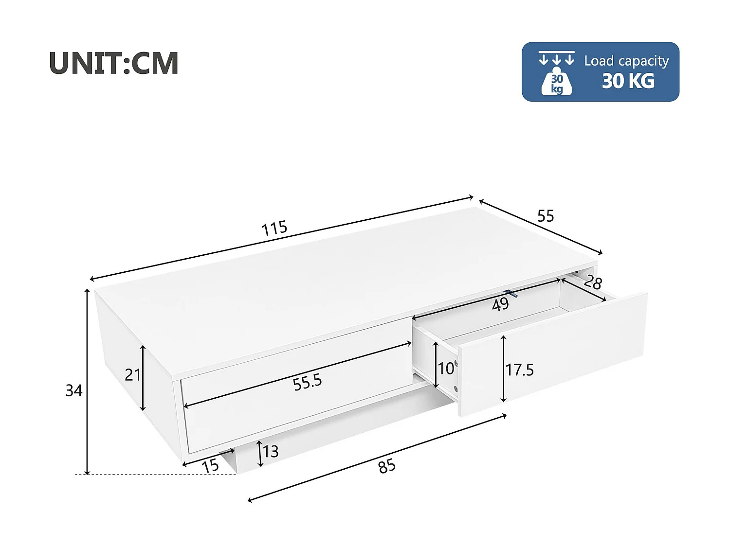 Table basse moderne avec LED - 2 tiroirs - Blanc