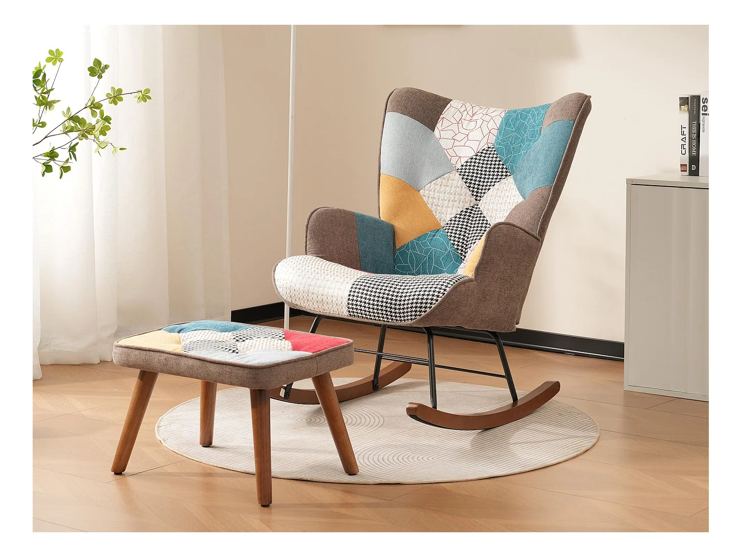 Rocking chair avec repose-pieds - à motif de patchwork coloré - Multicolore