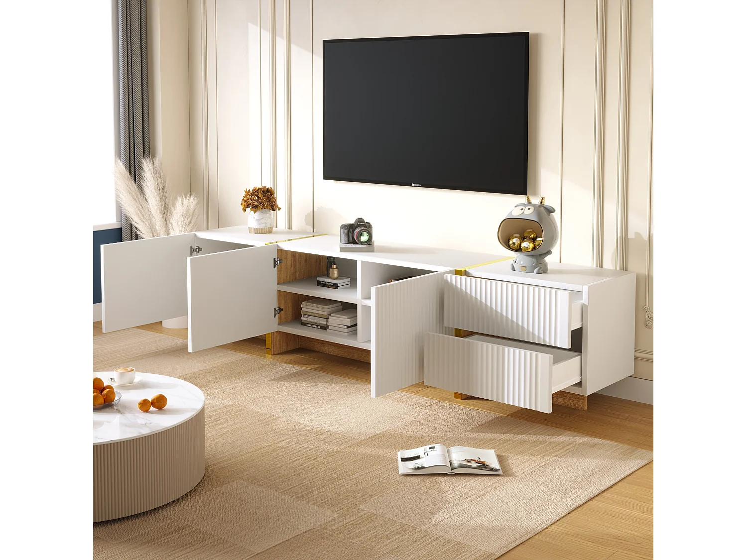 Meble TV L 190cm - 3 drzwi 2 szuflady 5 przegród - Biały i Złoty