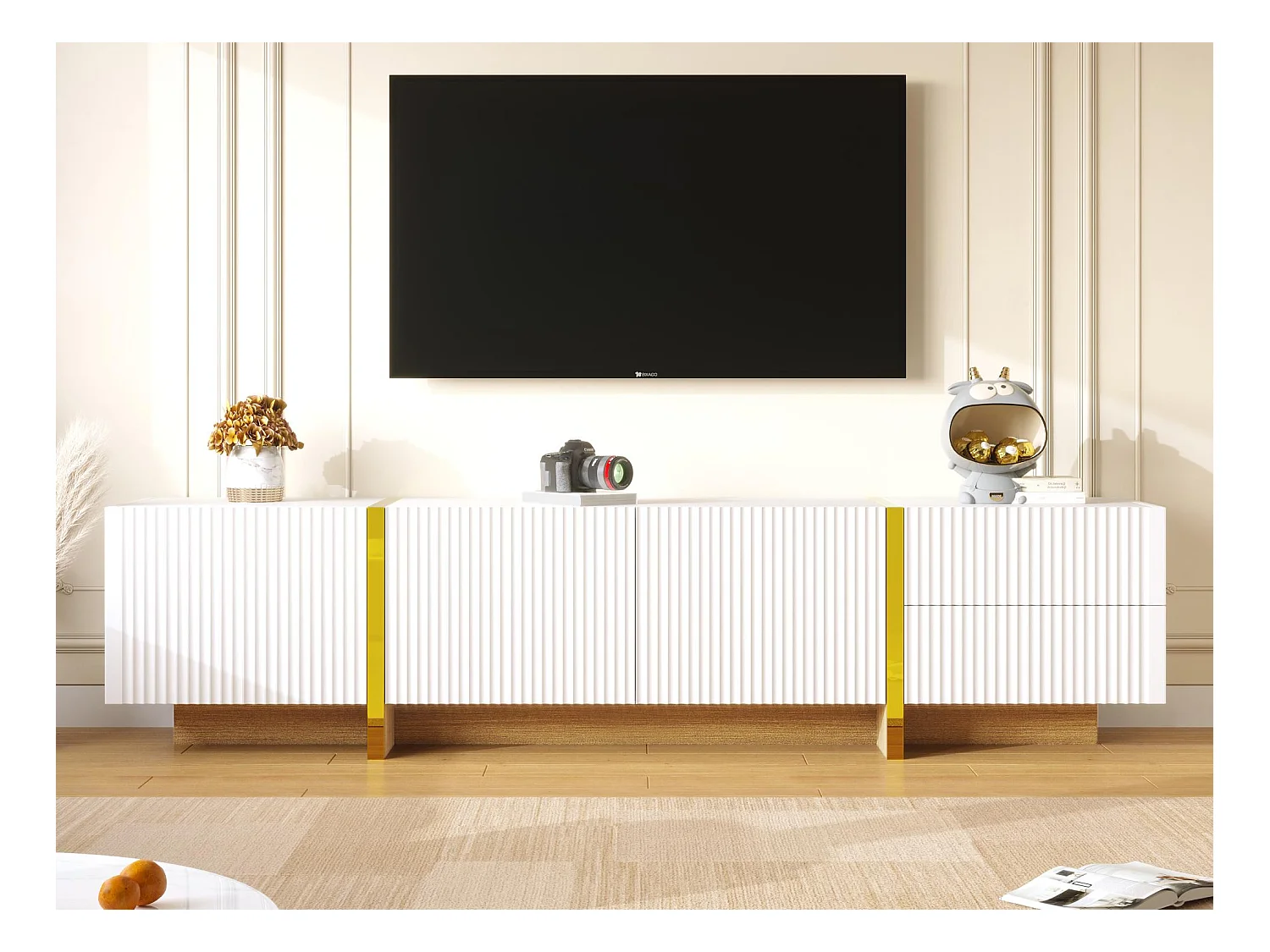 Meuble TV L 190cm - 3 portes 2 tiroirs 5 compartiments - Blanc & Doré